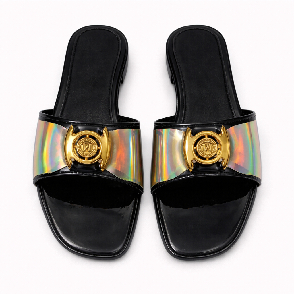 Quality Metallic Ash Slip On Sandal with Holographic Bow